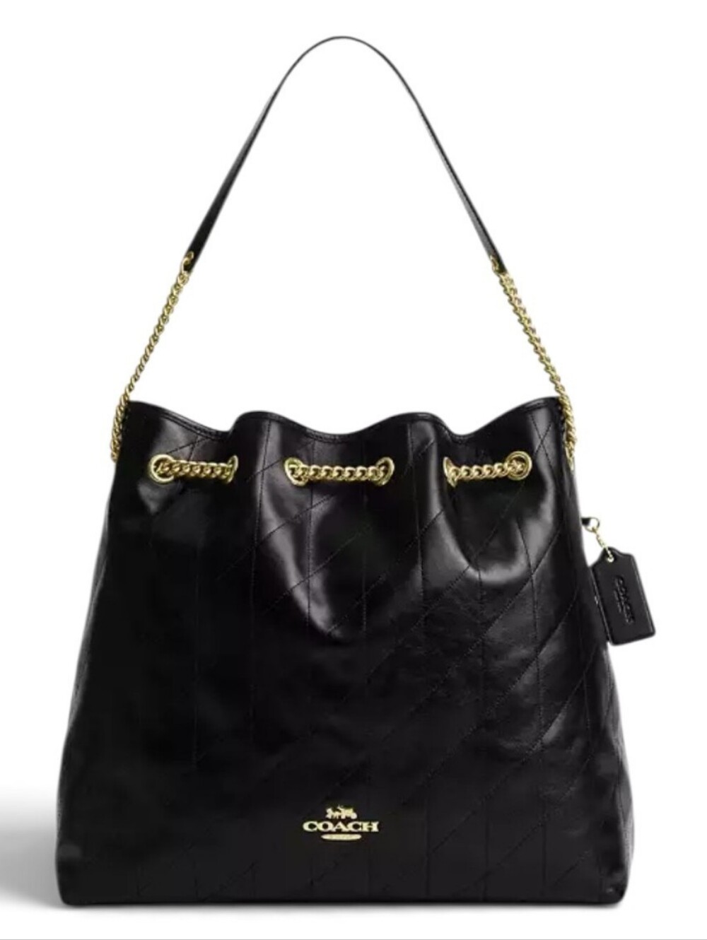 Coach Evelyn Black Quilted Leather Drawstring Shoulder Bag with Gold Chain